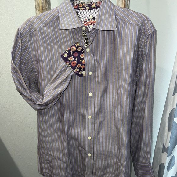 Robert Graham Long Sleeve Button Down Striped Shirt purple floral cuffs Sz MD - Picture 2 of 8